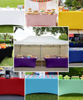 Two Pack Spandex Tablecloths 6 Ft Elastic Fitted Stretch Rectangular Patio Table Cover For Outdoor Tables Wrinkle Free And Washable Black 72x30x30 With Four Elastic Leg Pockets For Outdoor Parties And Weddings displayed in various colors at outdoor events.