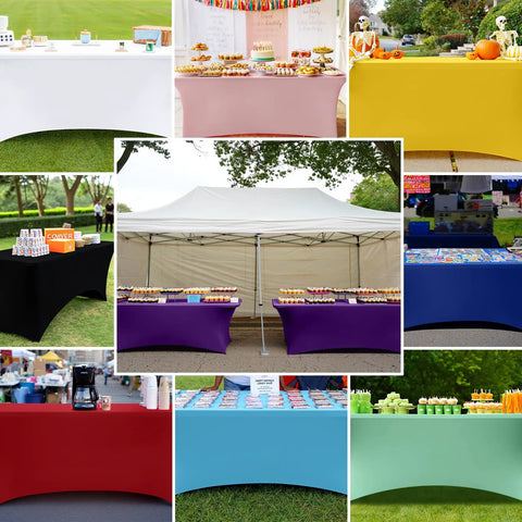 Two Pack Spandex Tablecloths 6 Ft Elastic Fitted Stretch Rectangular Patio Table Cover For Outdoor Tables Wrinkle Free And Washable Black 72x30x30 With Four Elastic Leg Pockets For Outdoor Parties And Weddings displayed in various colors at outdoor events.