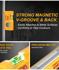 Slick Little Laser Level Tool With LED Illumination, 30 Ft Range, Pocket Sized Magnetic Spirit Level For 90 Degree And 180 Degree Angles, One Hand Use, Lightweight ABS Housing For Clear Visibility In Low Light. Yellow pocket laser level with magnetic base on metal pipe
