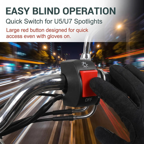 Heavy Duty 7/8 Inch Motorcycle Handlebar Push Button Switch Slick Design On Off Toggle Lock Tight Fit For Gas Scooters And Electric E Bikes. Large red button for easy operation.