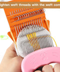 No-Fuss Mini Darning Loom Kit With 50 Color Threads For Quick Sock And Jeans Repairs, Includes Darning Mushroom Egg, Complete Beginner Friendly Tools, DIY Artful Patches To Repair Clothes shown in use with pink comb.