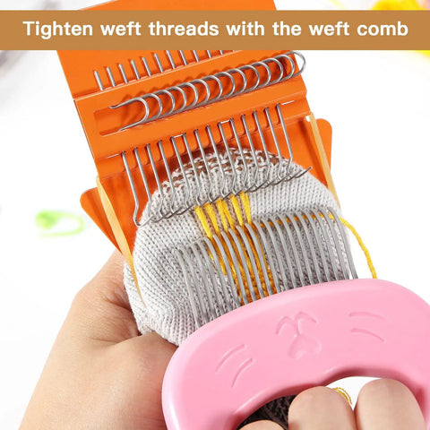 No-Fuss Mini Darning Loom Kit With 50 Color Threads For Quick Sock And Jeans Repairs, Includes Darning Mushroom Egg, Complete Beginner Friendly Tools, DIY Artful Patches To Repair Clothes shown in use with pink comb.