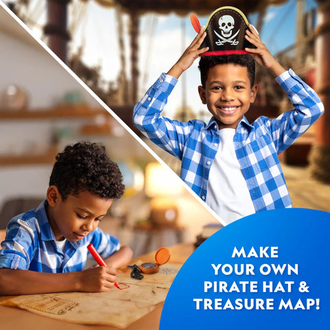 Pirate Adventure Activity Kit For Kids Hands On Treasure Digging Craft A Pirate Hat And Map With Spyglass Compass Telescope And Real Treasure Replicas Includes Doubloon And Pyrite STEM Toys image, showing a child crafting a pirate hat and map.