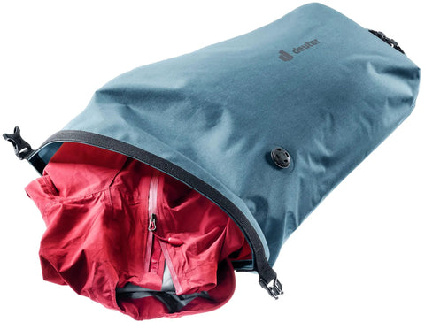 14 Liter Waterproof Handlebar Mounted Bike Bag With Reflective Details And Gear Loops, large main compartment open, showcasing red interior