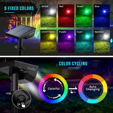 Solar Color Spotlight Lights Outdoor 35 LEDs Multicolor IP67 Waterproof 4 Pack With Auto Cycling Color Mode And Eight Fixed Colors