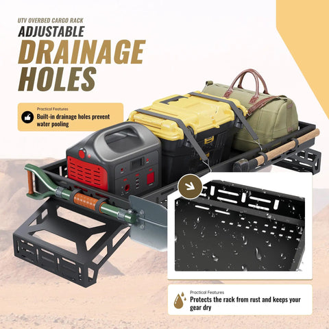 Badass Universal UTV Overbed Cargo Rack With Adjustable Mounting Brackets That Install Fast And Fit Most Side By Side Beds For Zero Headache Gear Storing with drainage holes and gear.