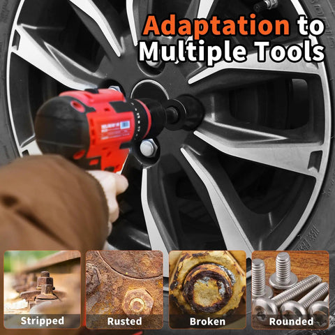Six Piece Twist Socket Set For Stripped Lug Nuts And Damaged Bolts in use on a car wheel, with close-up of sockets.