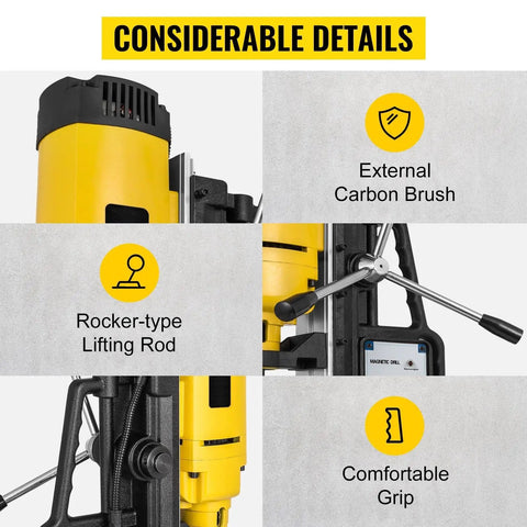 Heavy Duty Portable Magnetic Drill Press With Powerhouse Copper Motor And Rock Solid Base Built To Crunch Thick Steel Without Breaking A Sweat For Rough Job Site Metalworking close-up of external carbon brush, rocker-type lifting rod, and comfortable grip.