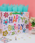 Sixteen Point Five Inch Extra Large Colorful Happy Birthday Gift Bag Set With Handles, tissue paper, card, and stickers