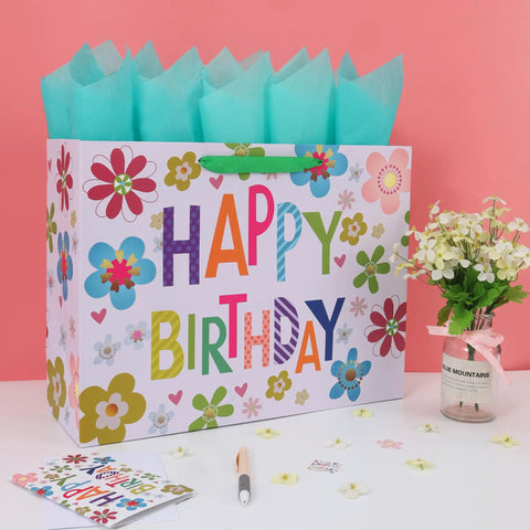 Sixteen Point Five Inch Extra Large Colorful Happy Birthday Gift Bag Set With Handles, tissue paper, card, and stickers