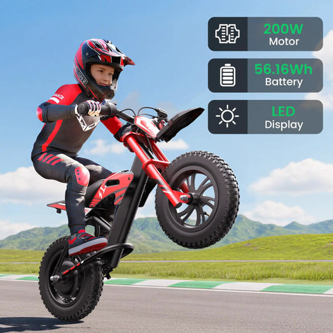 Kid Friendly Electric Balance Bike With 200W Motor Three Speed Modes Up To 10 MPH For Ages 3 To 6 12 Inch Pneumatic Tires LED Taillight Drum Brake UL 2272 Certified Black, child riding outdoors