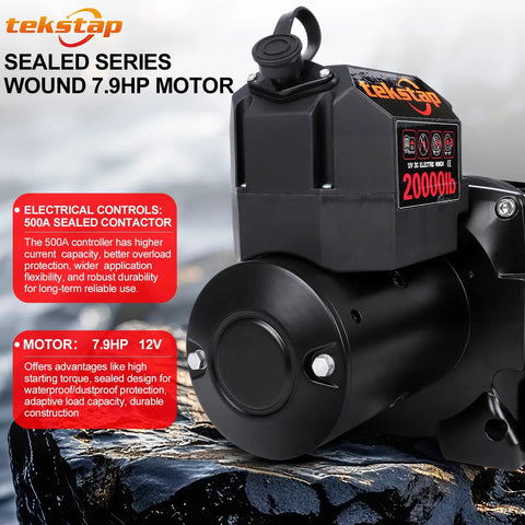 Beast 20,000 Lbs Heavy Duty Electric Winch 12V DC IP68 Waterproof with 7.9 HP sealed motor on rocky surface
