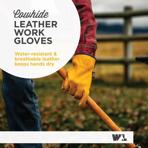 Mens Slip On HydraHyde Leather Work Gloves Water Resistant Breathable Heavy Duty Hand Protection For Gardening Landscaping Ranching Saddletan Large All Day Comfort And Grip being used outdoors