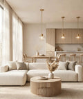 Luboyear 3 Pack Inch Clear Globe Glass Pendant Lights in gold brass, hanging over a modern kitchen island.