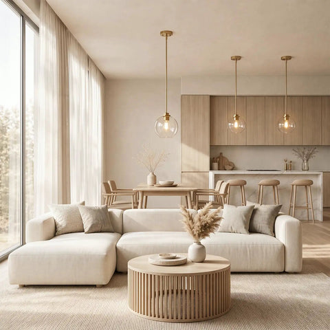 Luboyear 3 Pack Inch Clear Globe Glass Pendant Lights in gold brass, hanging over a modern kitchen island.