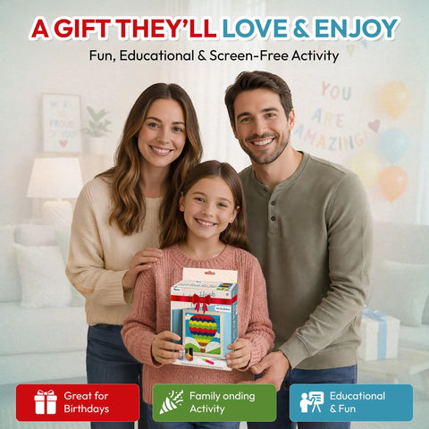 Family holding Latch Hook Rug Kit Hot Air Balloon Design For Kids And Adults Do It Yourself Craft Set With Color Canvas Pre Cut Yarn Hook Tool Easy Instructions Totally Perfect Gift And Fun Family Activity