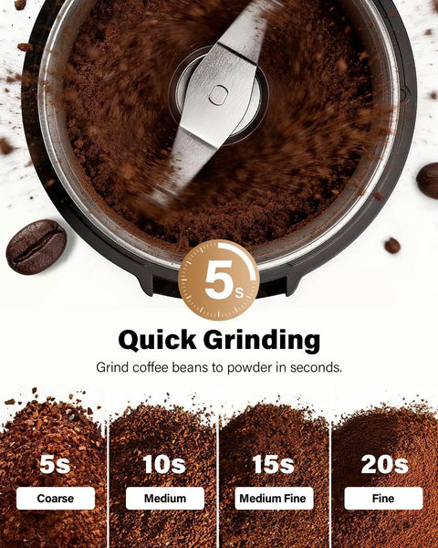 Fast Electric Coffee And Spice Grinder For Beans, Herbs, And Seeds With 2 Removable Stainless Steel Bowls, Grinds Fresh In 15 Seconds, Dishwasher Safe Bowls, Easy Clean, Push Button Power, Black