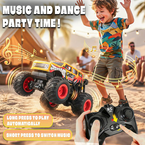 Child playing with Remote Control Monster Truck With Dancing Spins Lights And Music 1 20 Scale RC Car For Boys Aged 4 To 10 Yellow Color Super Fun Birthday Gift For Kids Perfect Holiday Surprise outdoors