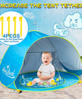 Baby playing in Pop Up Baby Beach Tent Shade Lounge With Auto Open Portable Sun Shelter For Infants Under Three UV 50 Plus Protection Pool And Sand Play Area Ideal For Family Beach Trips