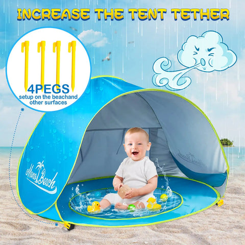 Baby playing in Pop Up Baby Beach Tent Shade Lounge With Auto Open Portable Sun Shelter For Infants Under Three UV 50 Plus Protection Pool And Sand Play Area Ideal For Family Beach Trips