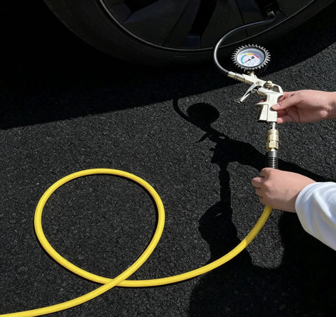 Heavy Duty 3/8 Inch By 100 Ft Hybrid Air Hose Delivering 300 Psi With Kink Resistant Build and a tire gauge attached.