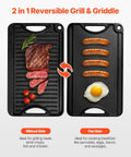 Reversible Cast Iron Grill And Griddle Pan Fourteen By Eight And A Half Inch with ribbed and flat sides, steak and eggs shown.