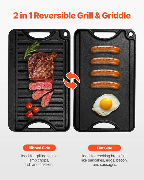 Reversible Cast Iron Grill And Griddle Pan Fourteen By Eight And A Half Inch with ribbed and flat sides, steak and eggs shown.