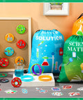 Science Party Favor Bundle With Drawstring Bags, Silicone Bracelets, Pins And Stickers, 86 Piece Scientist Birthday Decor Set