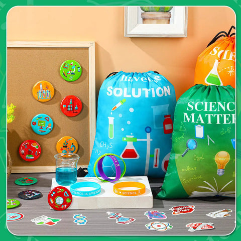 Science Party Favor Bundle With Drawstring Bags, Silicone Bracelets, Pins And Stickers, 86 Piece Scientist Birthday Decor Set