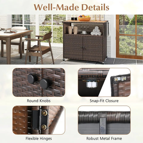 Sturdy Outdoor Storage Cabinet On Wheels With Solid Acacia Wood Frame And PE Rattan Finish, patio setting with close-up details.