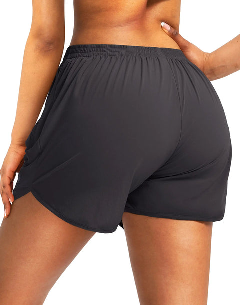 Back view of Womens Quick-Dry Running Shorts With Zipper Pockets And Built-In Liner, Run Ready, Lightweight Breathable Athletic Gym Short, 3 Inch Inseam, Dark Gray, Size Medium, Sweat-Wicking, Phone Safe For Runs