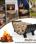 40 Inch Diameter Sector Firewood Rack Storage Built From 0.8Mm Thick Galvanized Steel With Wave Pattern And Four Stable Feet Heavy Duty Black Coated used in various settings like backyard, fireplace, camping, and barbecue