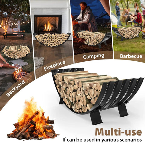 40 Inch Diameter Sector Firewood Rack Storage Built From 0.8Mm Thick Galvanized Steel With Wave Pattern And Four Stable Feet Heavy Duty Black Coated used in various settings like backyard, fireplace, camping, and barbecue