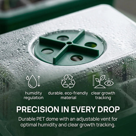 Close-up of 5 Pack Seed Starter Trays with adjustable humidity dome, showcasing vent for humidity control and germination tracking.