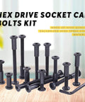Tough As Nails M6 Hex Drive Socket Cap Bolts And Carbon Steel Black Barrel Nuts Kit With Sturdy Allen Wrench displayed on a wooden surface.