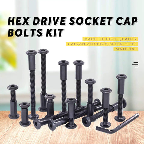 Tough As Nails M6 Hex Drive Socket Cap Bolts And Carbon Steel Black Barrel Nuts Kit With Sturdy Allen Wrench displayed on a wooden surface.