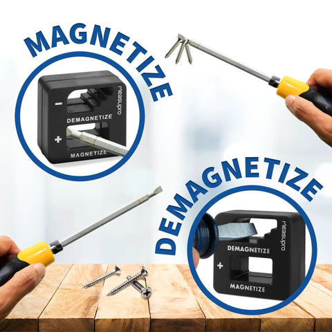 Pro Grade Magnetizer And Demagnetizer Kit For Screwdrivers, Bits, Small Tools And Drills Black 3 Pack To Fine Tune Magnetic Strength For Precision Construction shown with tools.