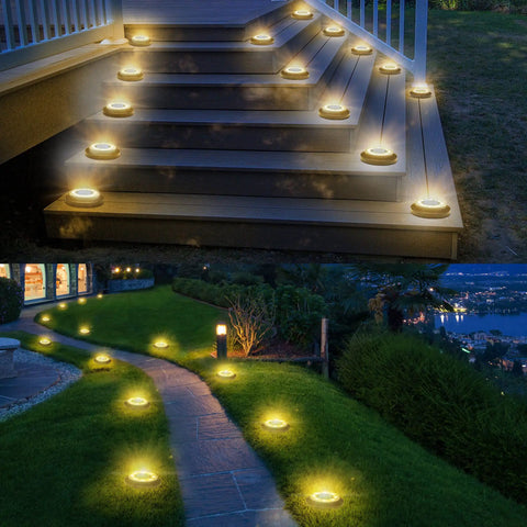 Solar Ground Lights Waterproof IP68 12 Pack Dual Purpose Outdoor Lights illuminating stairs and garden path at night