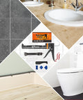 All In One DIY Friendly Caulking And Sealing Kit With Smooth Silicone Caulking Gun Caulk Remover Tool displayed on tiled surfaces