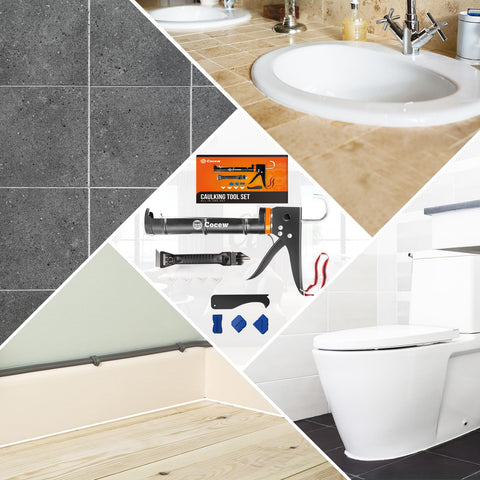 All In One DIY Friendly Caulking And Sealing Kit With Smooth Silicone Caulking Gun Caulk Remover Tool displayed on tiled surfaces