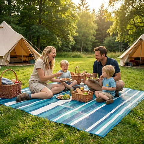 Family picnic on Outdoor Patio Rug 4x6 Ft Waterproof Plastic Straw Style For Deck Garden Backyard, blue striped with food baskets.