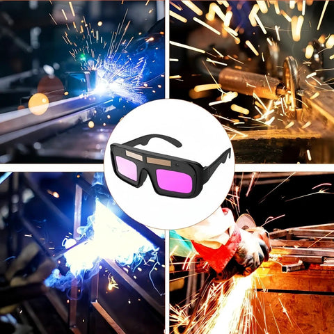 Rugged No Nonsense Laser Safety Glasses Equipped With Auto Darkening Lens Tech, showcased amidst welding sparks and bright lights.