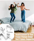 Two women joyfully dancing on a bed with 4 Pack 1-1/4 Inch Bed Frame Rail Clamps And Connectors Heavy Duty Zinc Plated Hardware.