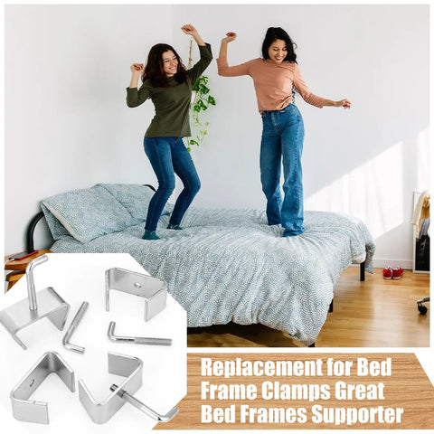 Two women joyfully dancing on a bed with 4 Pack 1-1/4 Inch Bed Frame Rail Clamps And Connectors Heavy Duty Zinc Plated Hardware.