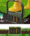 Illustration of heavy duty manual lawn aerator tool with fourteen iron spikes showing soil aeration process and grass improvement.
