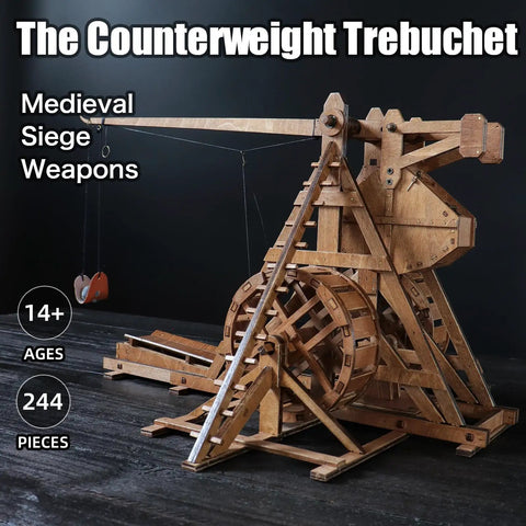 Mini Counterweight Trebuchet With Wheels For Epic Medieval Siege Chariot Catapult Kit DIY 3D Wooden Puzzles Mechanical Model Kit For STEM Projects And Tabletop Play Fun Build It Yourself Toy, 244 pieces wooden model