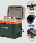 Heavy Duty 25 Quart Insulated Cooler Box With Thick Foam Walls For Serious Ice Retention Made In Usa filled with ice and drinks, showing lid details and bottle opener.