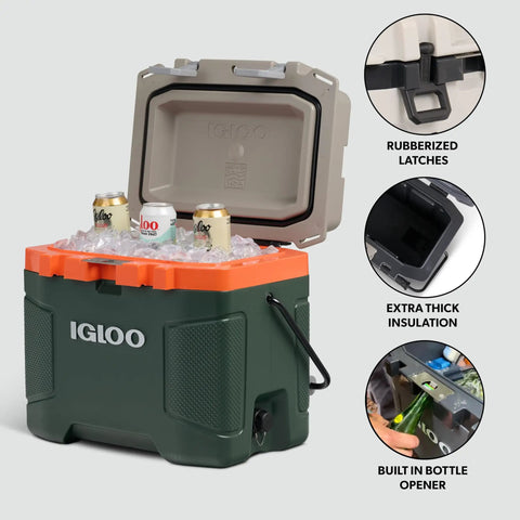 Heavy Duty 25 Quart Insulated Cooler Box With Thick Foam Walls For Serious Ice Retention Made In Usa filled with ice and drinks, showing lid details and bottle opener.