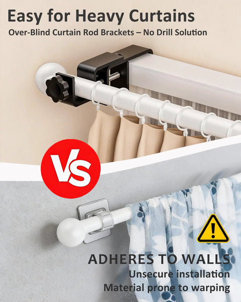Comparison of No Drill Curtain Rod Brackets for Outside Mount Blinds vs traditional wall brackets