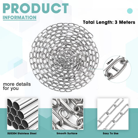 10 Feet SUS304 Stainless Steel Hanging Chain For Home Outdoor Use showing coiled chain, smooth surface, and material details